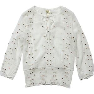 Fig and Flower White Embroidered Boho Peasant Blouse Smocked Hem Size M